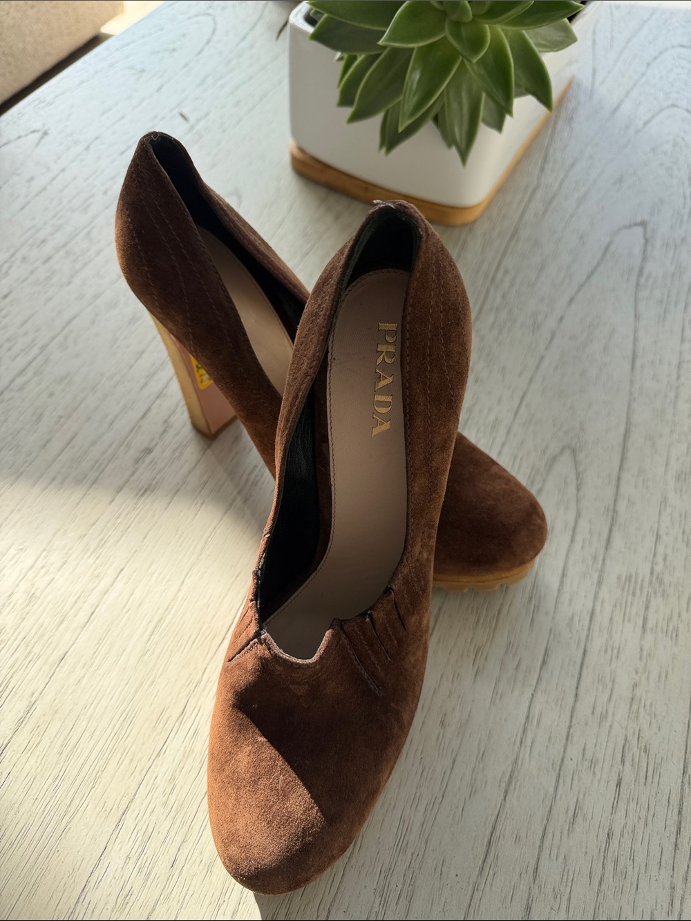 Prada Brown Suede Platform Lug Sole Pumps Heels Size 38